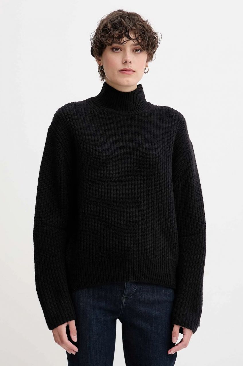 Sveter s prímesou vlny Calvin Klein Jeans čierna farba, s polorolákom, LV044D329G