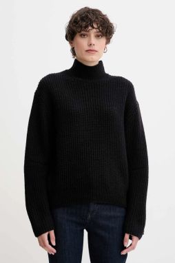 Sveter s prímesou vlny Calvin Klein Jeans čierna farba, s polorolákom, LV044D329G