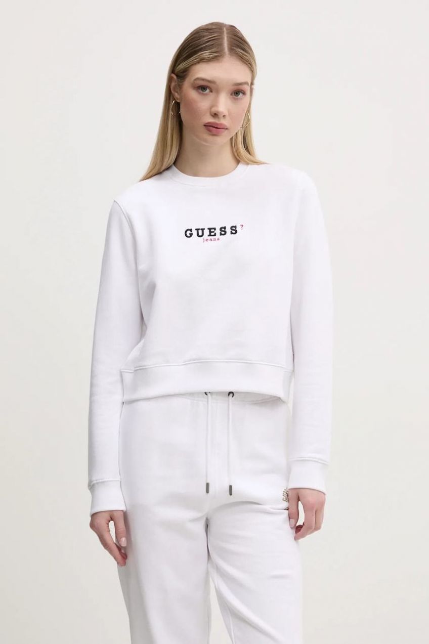 Bavlnená mikina Guess Jeans dámska, biela farba, s potlačou, W5RQ28 K68I4