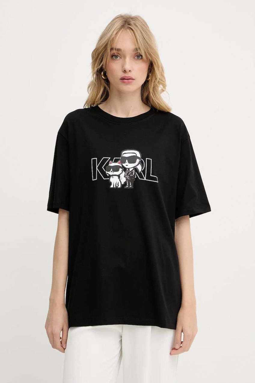 Bavlnené tričko Karl Lagerfeld IKON dámske, čierna farba, A3W17084