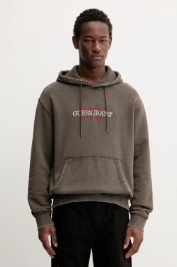 Bavlnená mikina Guess Jeans hnedá farba, s kapucňou, s nášivkou, M5BQ33 KCPR1