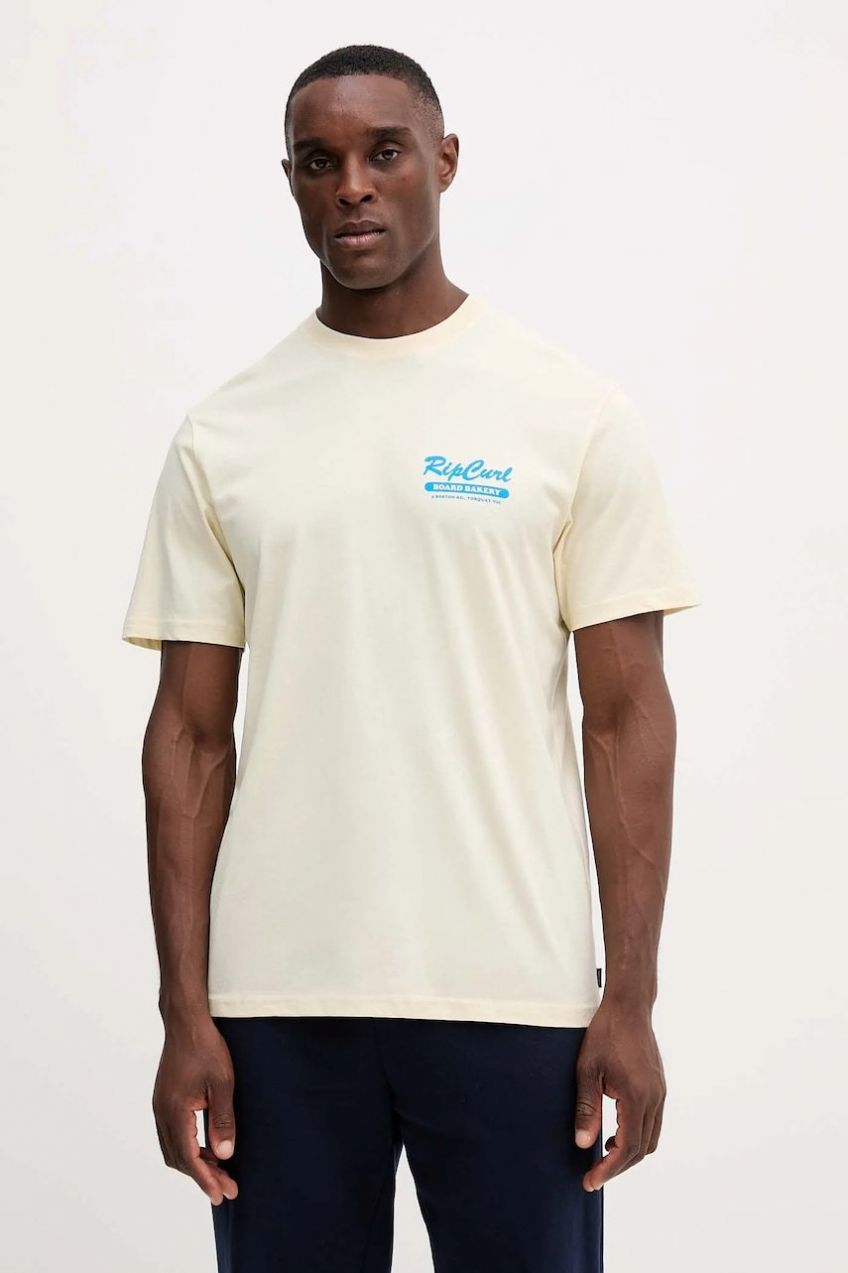 Bavlnené tričko Rip Curl pánske, béžová farba, s potlačou, 0U7MTE