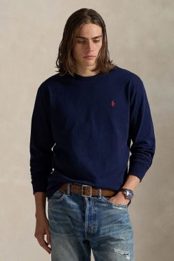 Bavlnené tričko s dlhým rukávom Polo Ralph Lauren tmavomodrá farba, jednofarebné, 710970697