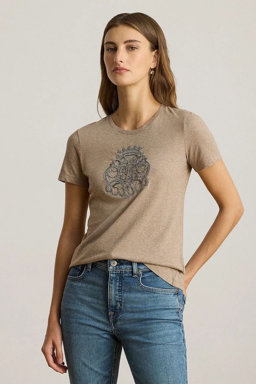 Bavlnené tričko Lauren Ralph Lauren dámske, béžová farba, 200980286