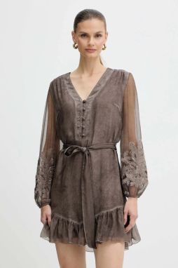 Šaty s prímesou hodvábu Guess CAMILLA hnedá farba, mini, rovný strih, W5BK76 WE550