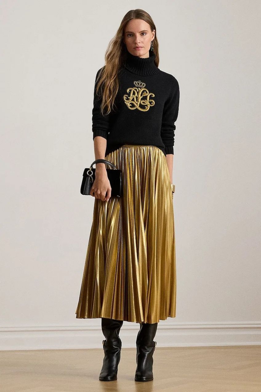 Sukňa Lauren Ralph Lauren zlatá farba, midi, áčkový strih, 200P03432