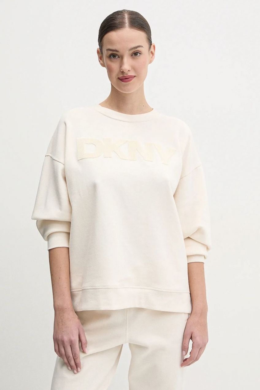 Mikina Dkny dámska, béžová farba, s nášivkou, DP5T1140