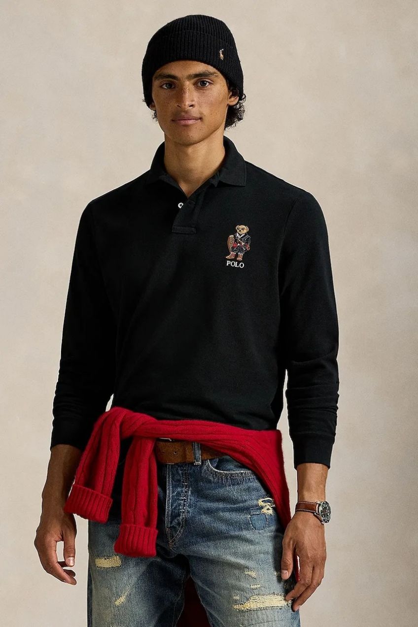 Bavlnené tričko s dlhým rukávom Polo Ralph Lauren čierna farba, s nášivkou, 710981793