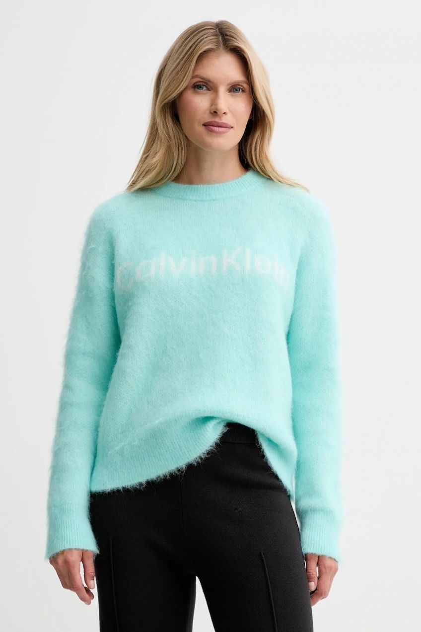 Sveter s prímesou vlny Calvin Klein tyrkysová farba, teplé, LV044D359G