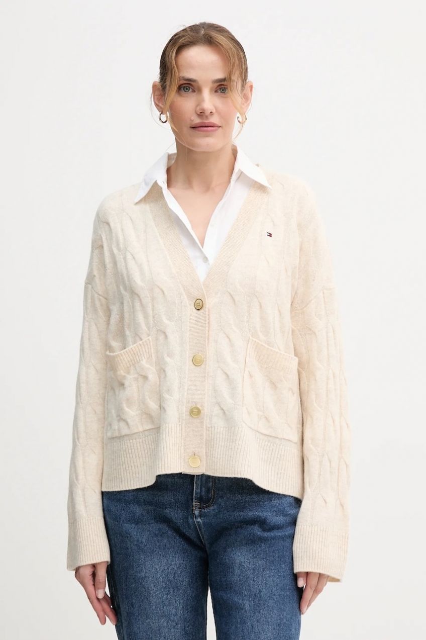 Vlnený kardigán Tommy Hilfiger šedá farba, WW0WW43089
