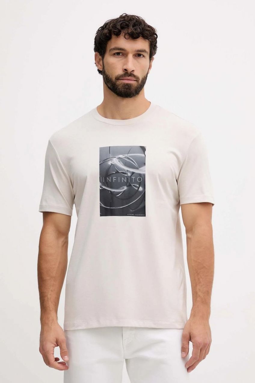 Bavlnené tričko Armani Exchange pánske, béžová farba, s potlačou, XM001470 AF10362