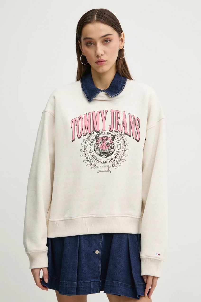 Mikina Tommy Jeans dámska, béžová farba, s potlačou, DW0DW20211