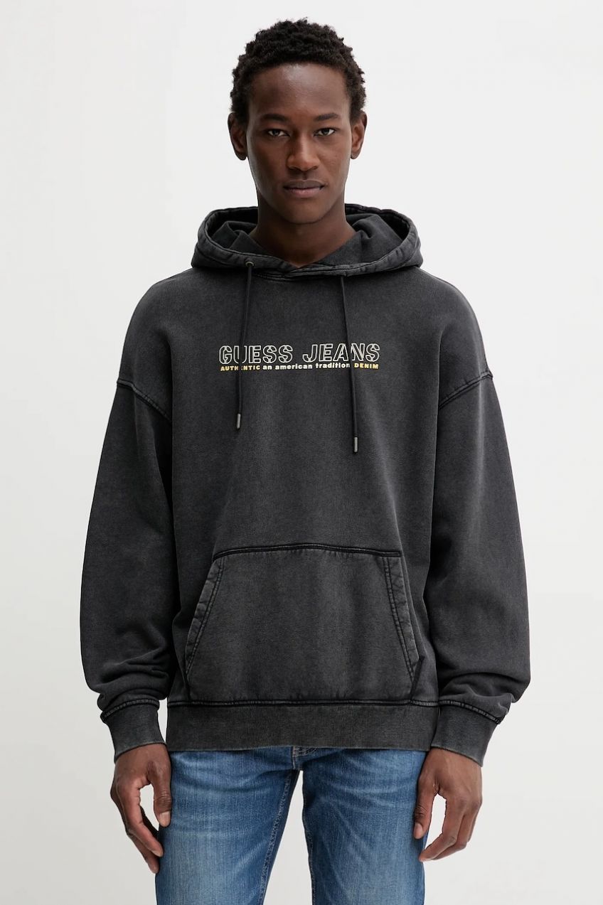 Bavlnená mikina Guess Jeans šedá farba, s kapucňou, s potlačou, M5BQ30 KCPR1