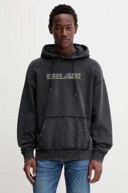 Bavlnená mikina Guess Jeans šedá farba, s kapucňou, s potlačou, M5BQ30 KCPR1