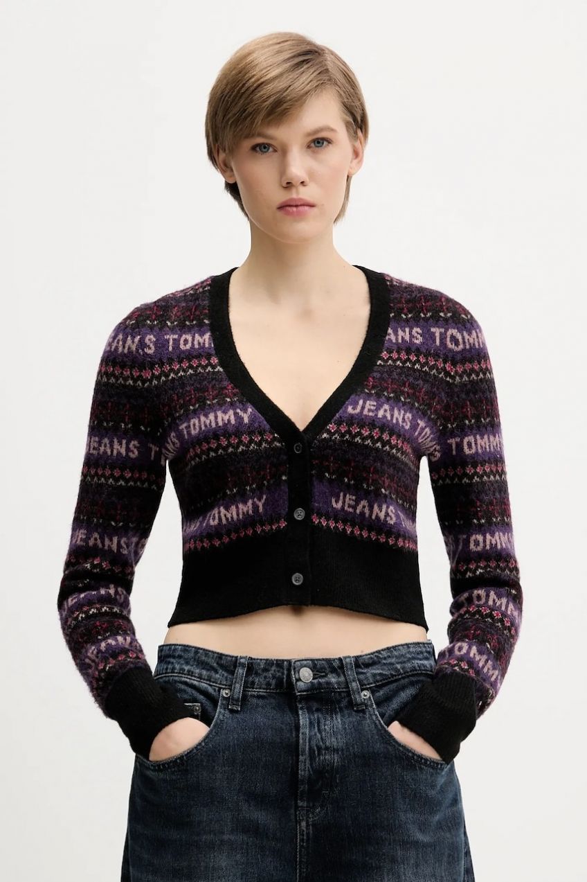 Kardigán s prímesou vlny Tommy Jeans čierna farba, DW0DW21691