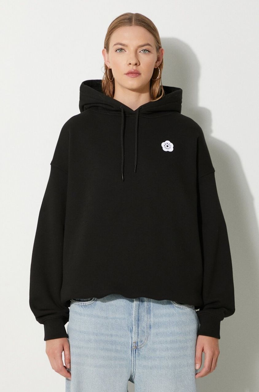 Bavlnená mikina Kenzo Boke Flower 2.0 dámska, čierna farba, s kapucňou, s nášivkou, FE62SW1494MB.99J