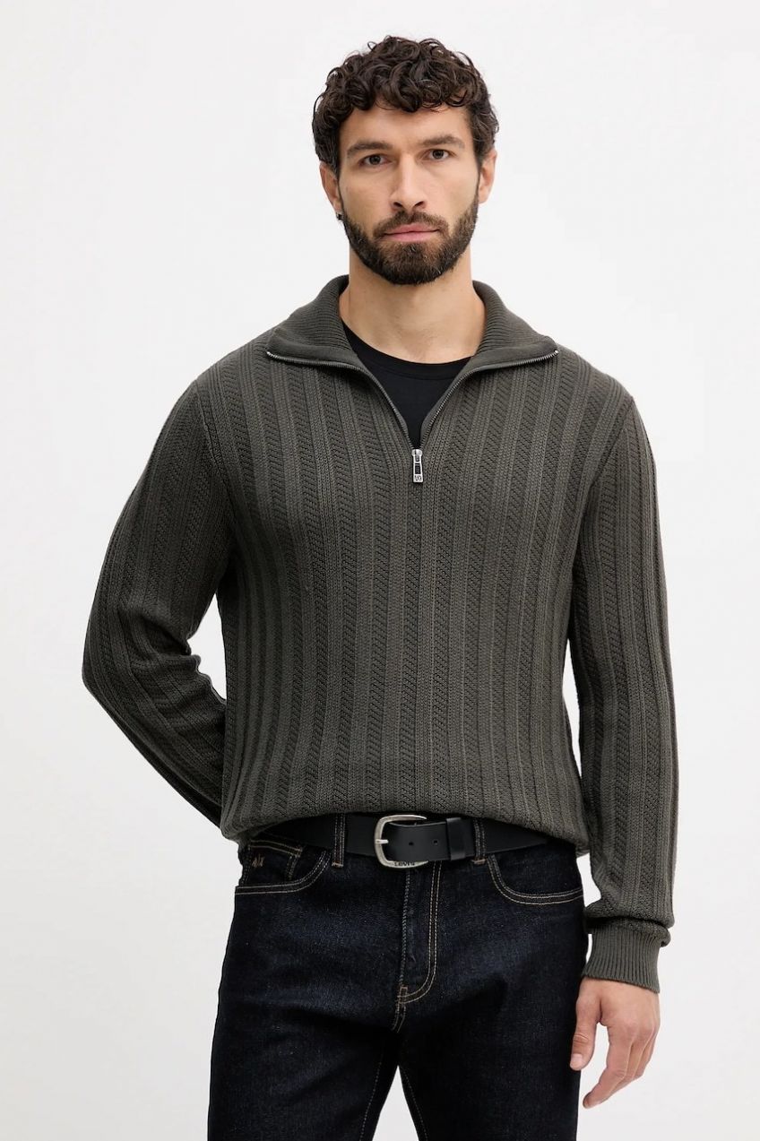 Sveter s prímesou vlny Armani Exchange zelená farba, s polorolákom, XM001332 AF13776