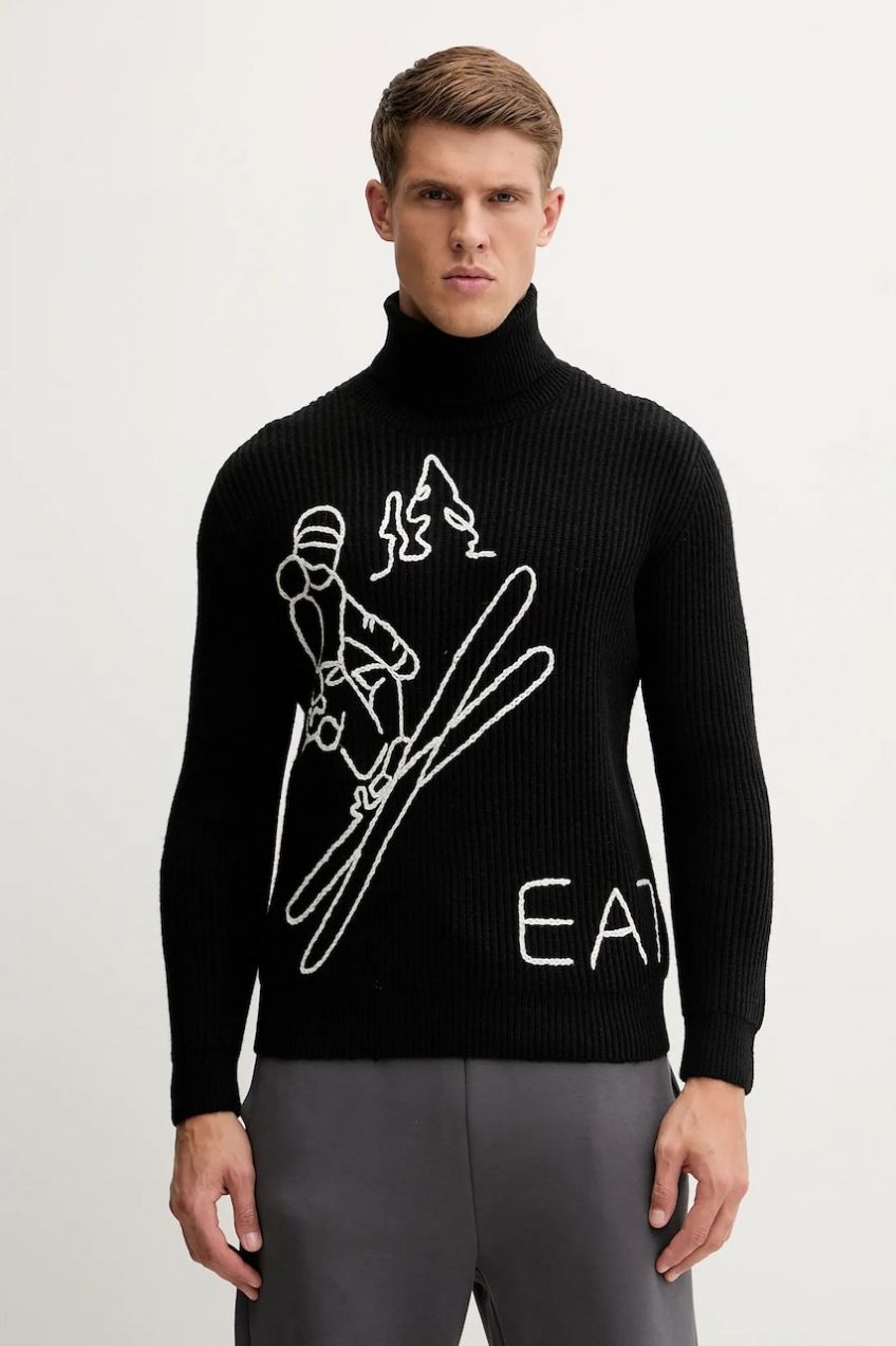 Sveter s prímesou vlny EA7 Emporio Armani čierna farba, teplé, s rolákom, AF19328.7M000502