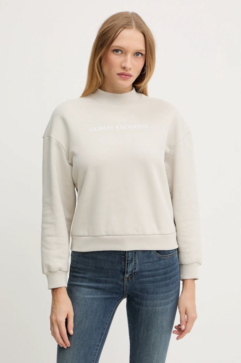 Bavlnená mikina Armani Exchange béžová farba, s potlačou, XW000787 AF16141