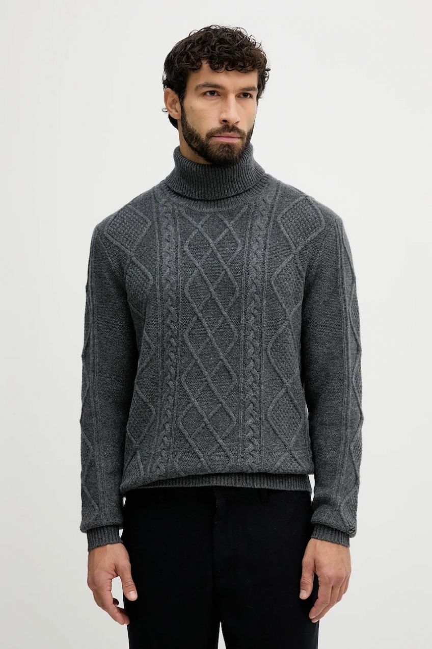 Vlnený sveter Tommy Hilfiger šedá farba, s rolákom, MW0MW40914