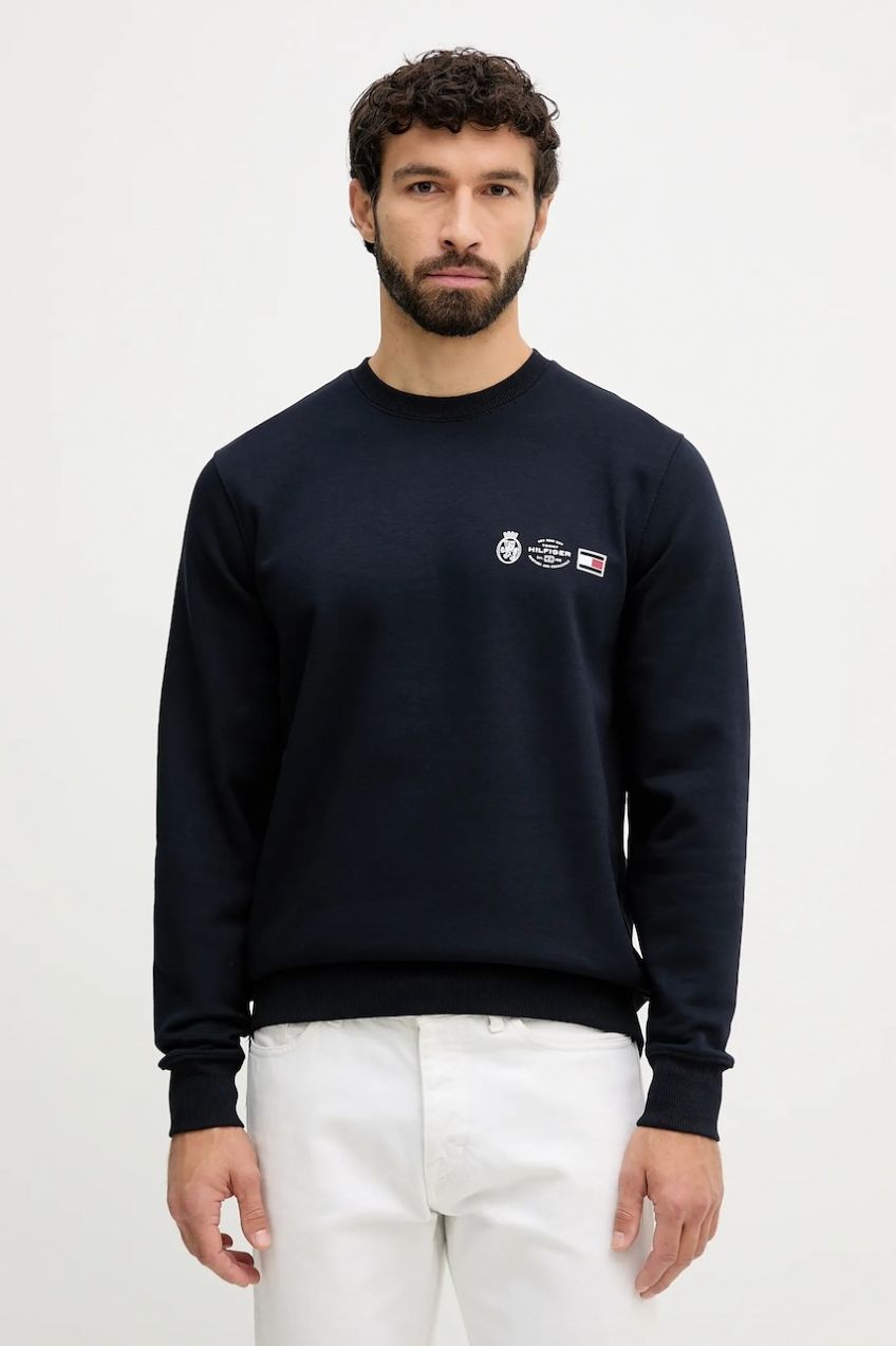 Mikina Tommy Hilfiger tmavomodrá farba, s potlačou, MW0MW40863