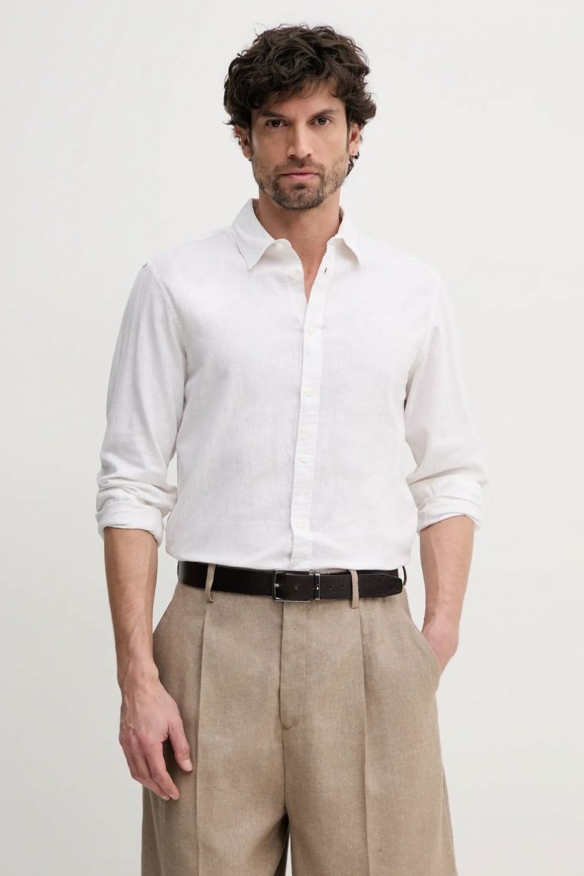 Ľanová košeľa Pepe Jeans ARNAU pánska, béžová farba, regular, s klasickým golierom, PM308844