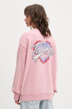 Bavlnená mikina Tommy Jeans ružová farba, s potlačou, DW0DW21602