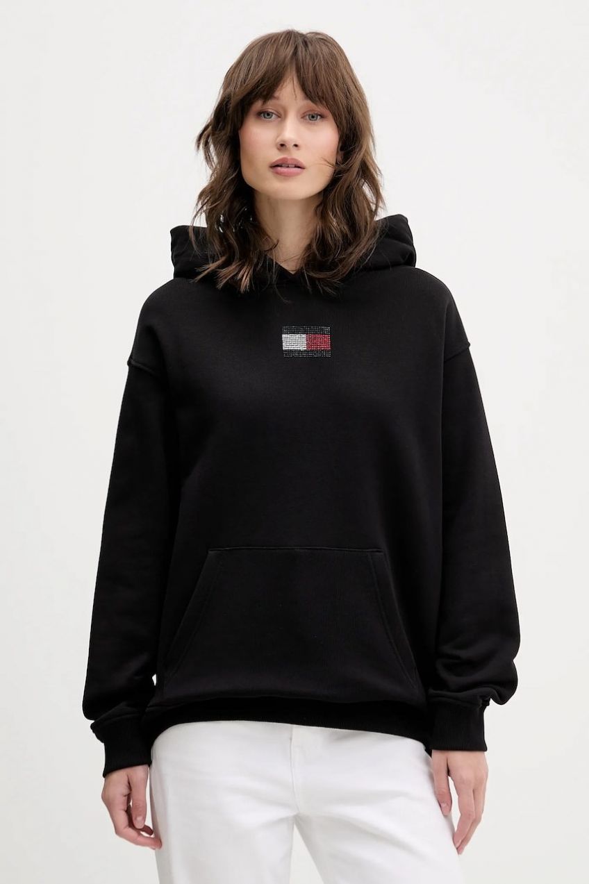 Bavlnená mikina Tommy Jeans čierna farba, s kapucňou, s nášivkou, DW0DW21605