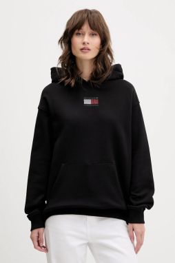 Bavlnená mikina Tommy Jeans čierna farba, s kapucňou, s nášivkou, DW0DW21605