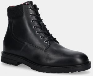 Kožené členkové topánky Tommy Hilfiger CLEATED HILFIGER W LTH BOOT čierna farba, FM0FM05562