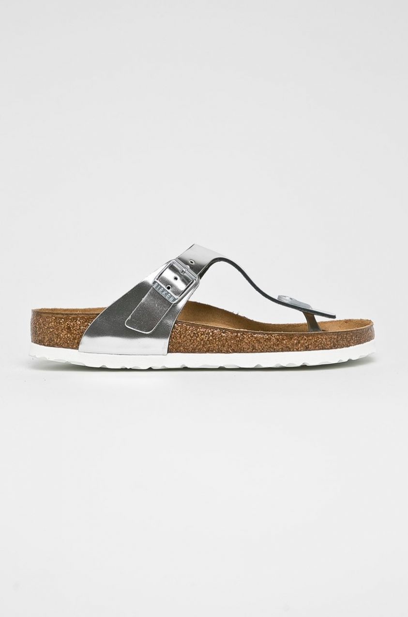 Kožené žabky Birkenstock Gizeh SFB dámske, strieborná farba, na plochom podpätku, 1003674