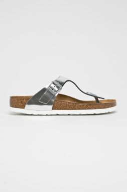 Kožené žabky Birkenstock Gizeh SFB dámske, strieborná farba, na plochom podpätku, 1003674