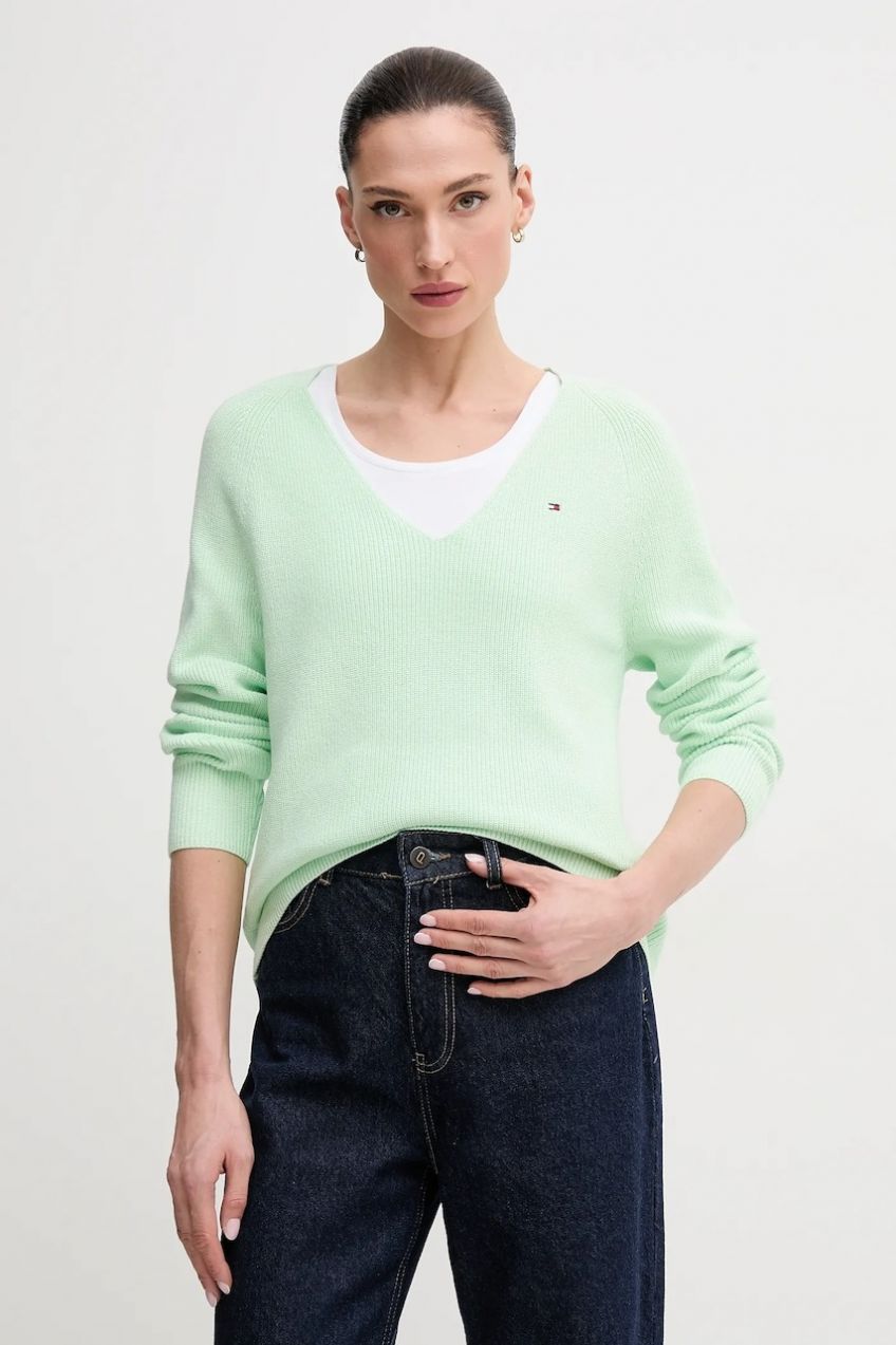 Bavlnený sveter Tommy Hilfiger zelená farba, WW0WW44452