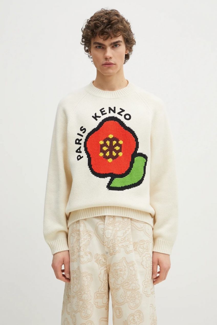 Vlnený sveter Kenzo Pop pánsky, béžová farba, teplý, FF55PU7223LA.02