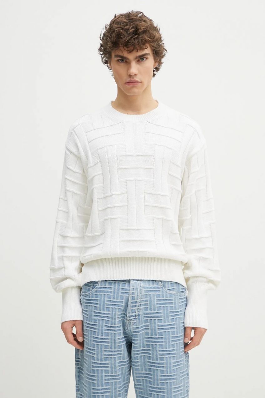 Bavlnený sveter Kenzo Weave pánsky, biela farba, teplý, FF55PU7083CB.02