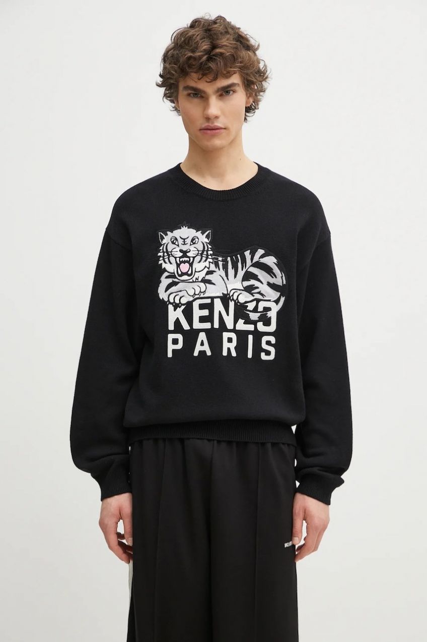 Vlnený sveter Kenzo Happy Tiger pánsky, čierna farba, FF55PU7273LD.99J