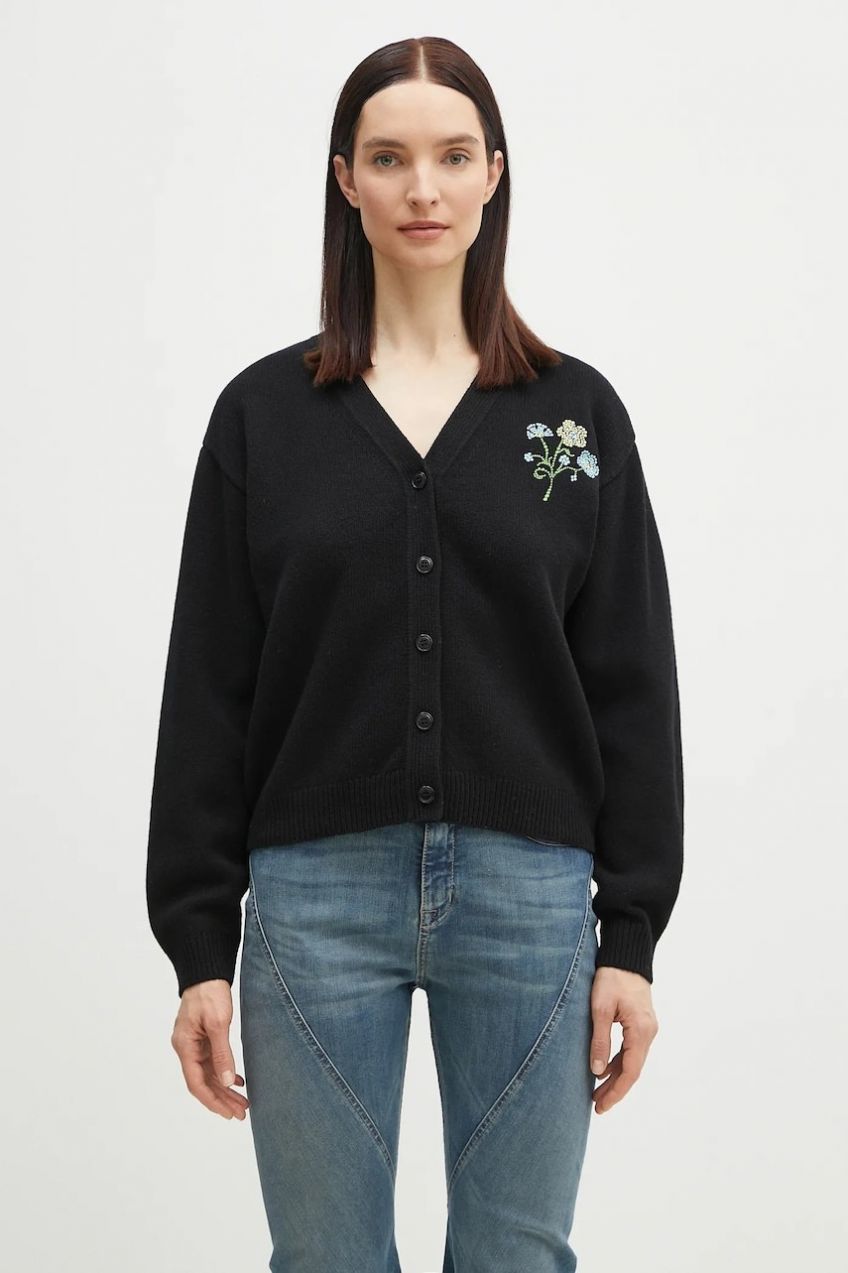 Vlnený kardigán Kenzo Jungle Flower dámsky, čierna farba, teplý, FF52CA4993CN.99J