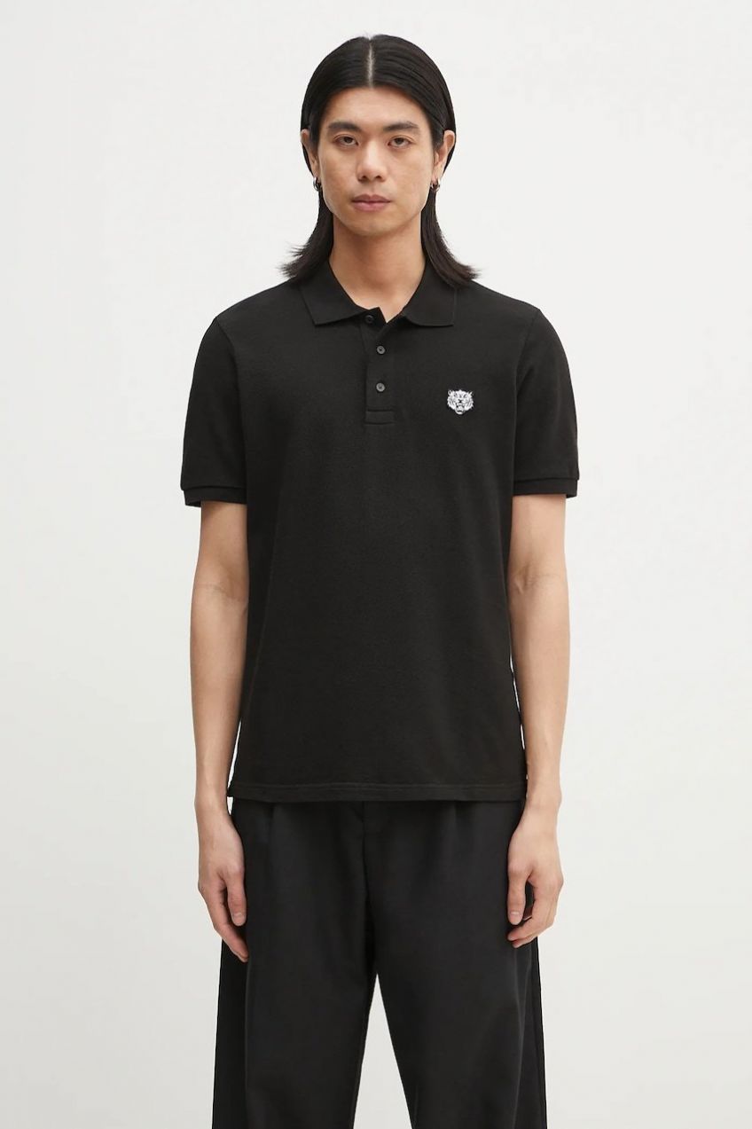 Bavlnené polo tričko Kenzo Happy Tiger pánske, čierna farba, jednofarebné, FF55PO5434PU.99J