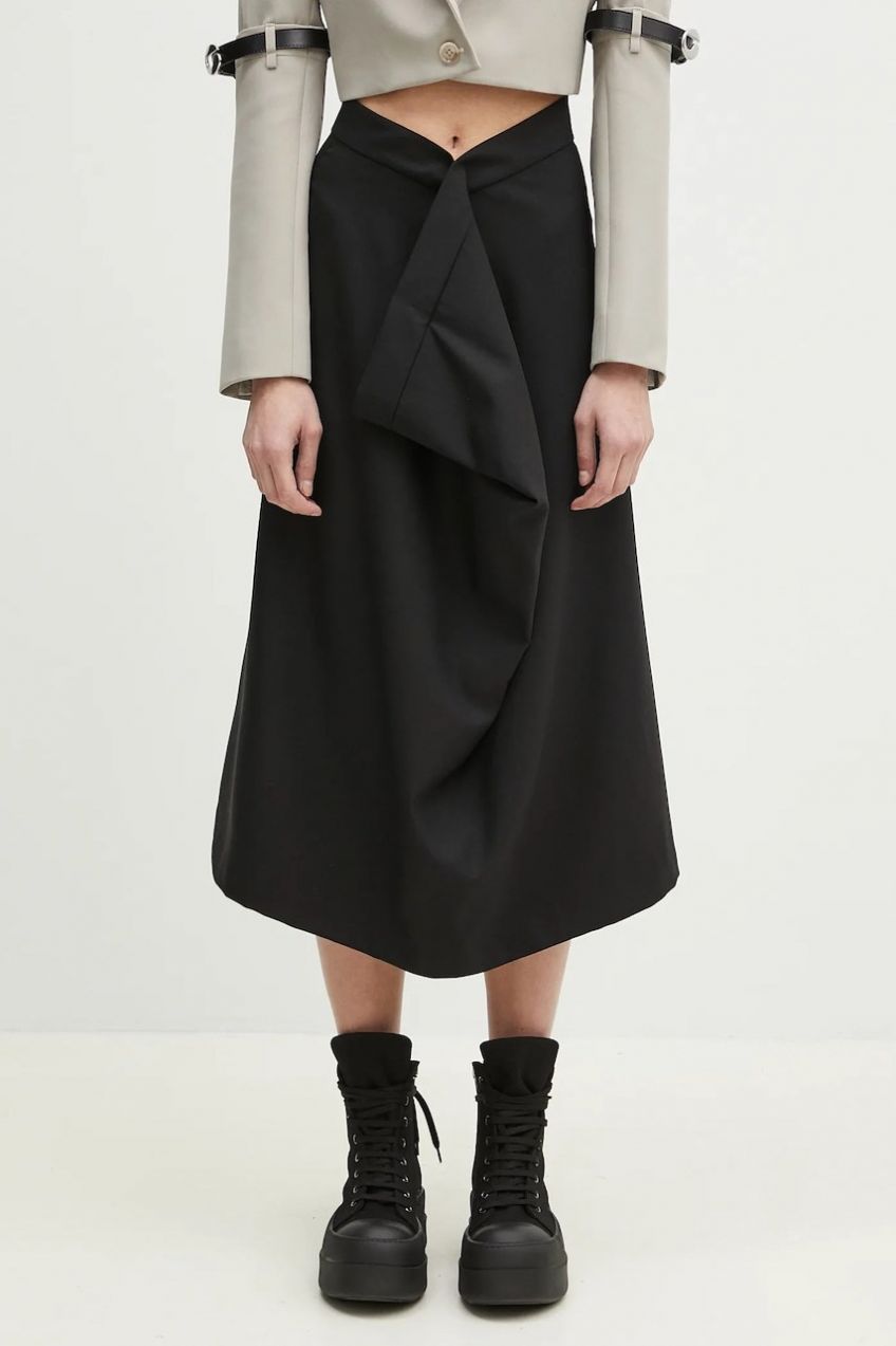 Vlnená sukňa Kenzo čierna farba, midi, áčkový strih, FF52JU3149RA.99