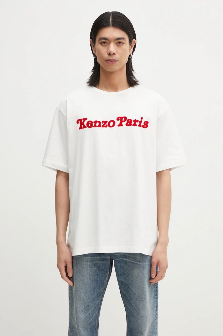 Bavlnené tričko Kenzo pánske, biela farba, s nášivkou, FF55TS5474SG.02