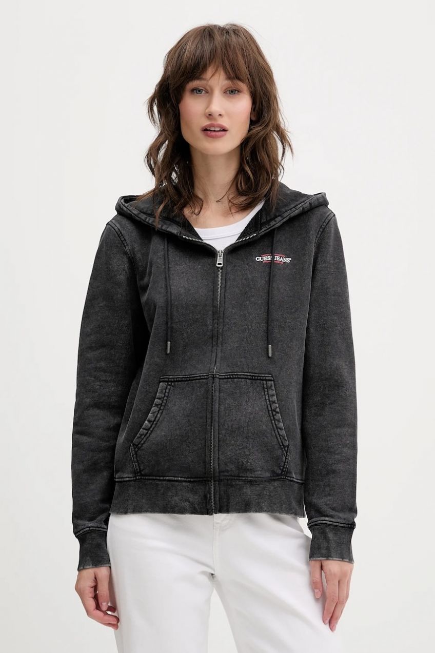Bavlnená mikina Guess Jeans šedá farba, s kapucňou, s potlačou, W5BQ14 KCPR1