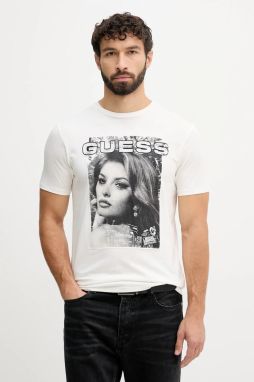Bavlnené tričko Guess pánske, béžová farba, s potlačou, M5BI53 KBW41