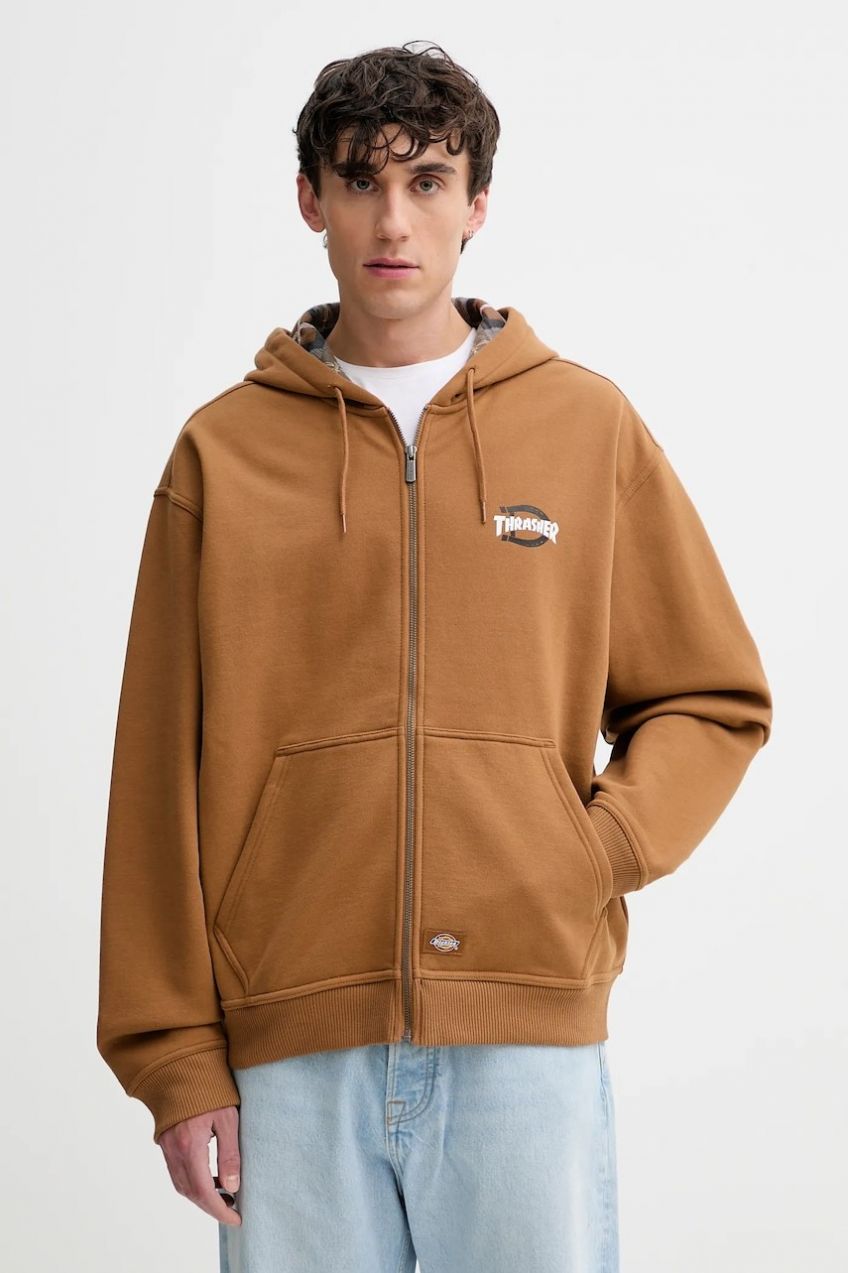 Mikina Dickies hnedá farba, s kapucňou, s potlačou, DK0A887J