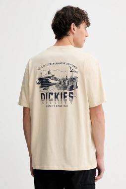 Bavlnené tričko Dickies pánske, béžová farba, s potlačou, DK0A87QJ