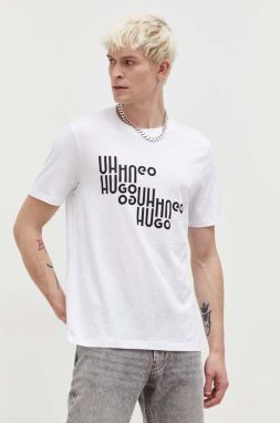 Bavlnené tričko HUGO pánske,biela farba,s potlačou,50504936