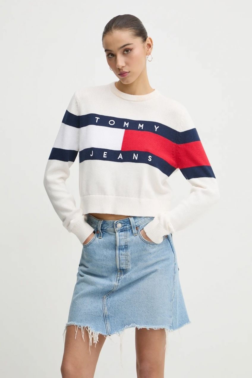 Bavlnený sveter Tommy Jeans biela farba, DW0DW19335