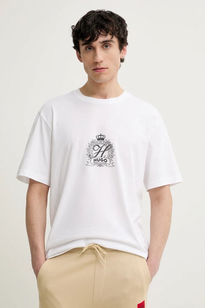 Bavlnené tričko HUGO pánske, biela farba, s potlačou, 50538246