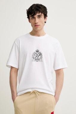 Bavlnené tričko HUGO pánske, biela farba, s potlačou, 50538246