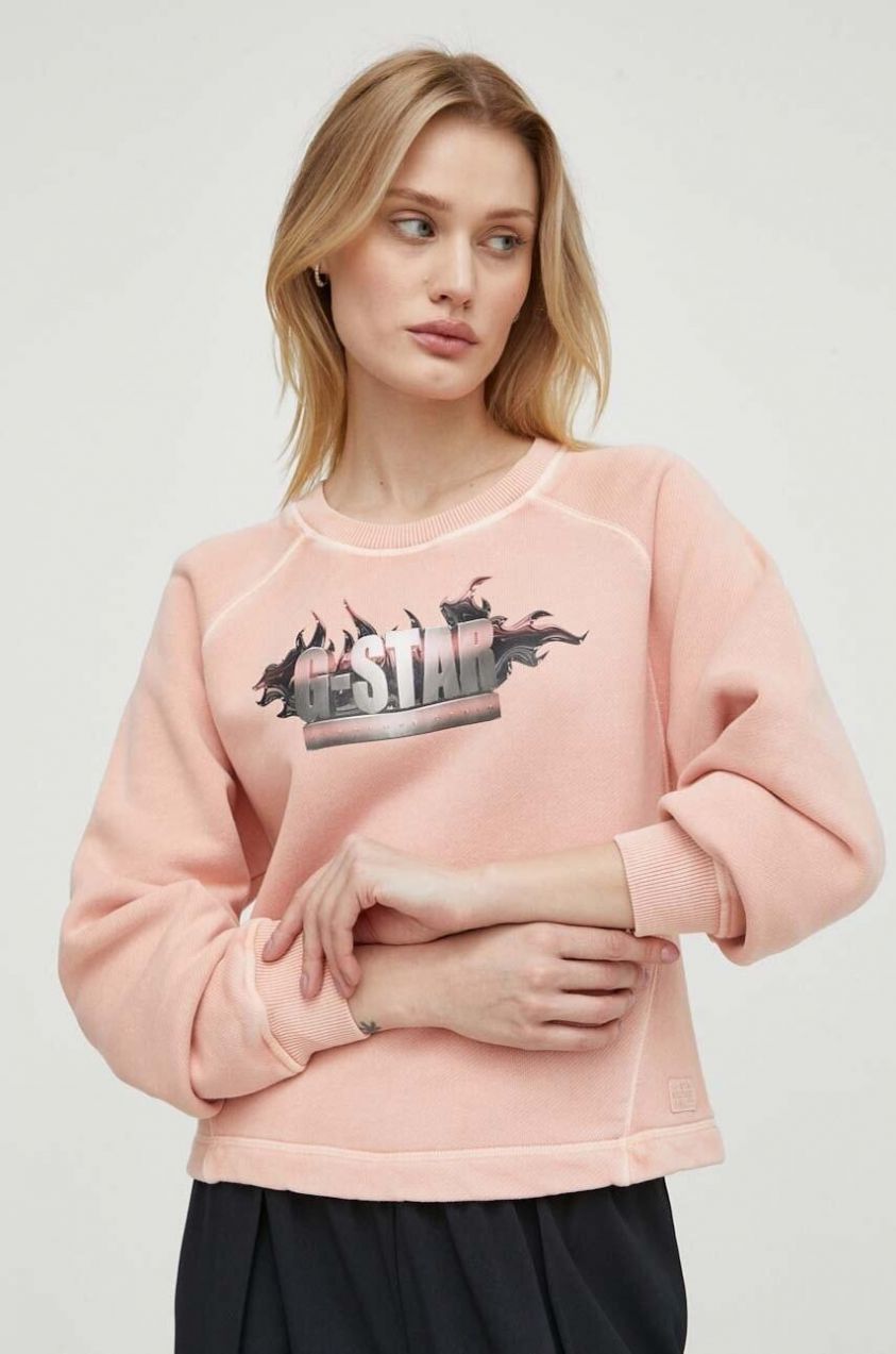 Bavlnená mikina G-Star dámska, ružová farba, s potlačou