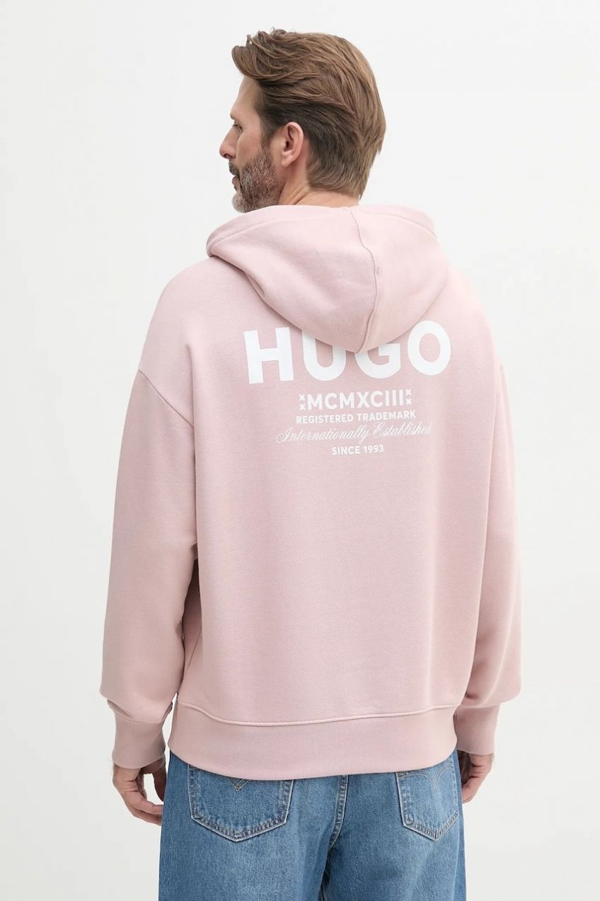 Bavlnená mikina Hugo Blue pánska, ružová farba, s kapucňou, s potlačou, 50510724
